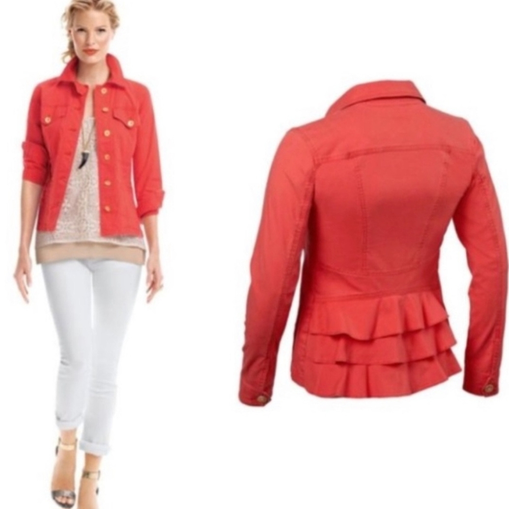 CAbi Red Cropped Jean Jacket with Peplum